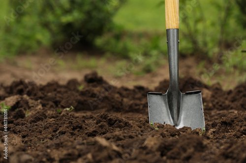 Billede på lærred Shovel in soil outdoors, space for text. Gardening tool
