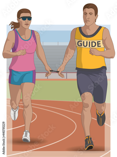 para sports paralympic track running, visual impaired female athlete running with sighted guide, track and field, with track and stadium in background