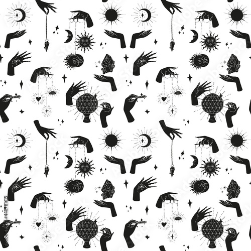 Seamless pattern with hand drawn doodle line art female witch hands holding sun and moon. Spiritual mystic repeat texture. On white background.