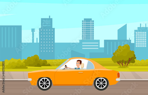 Fototapeta Naklejka Na Ścianę i Meble -  Modern car parking along town street in cartoon style. Vehicles car on city street. Auto on road with trees. Beautiful automobile in nature park. Travel by car. Drive transport. Automotive concept