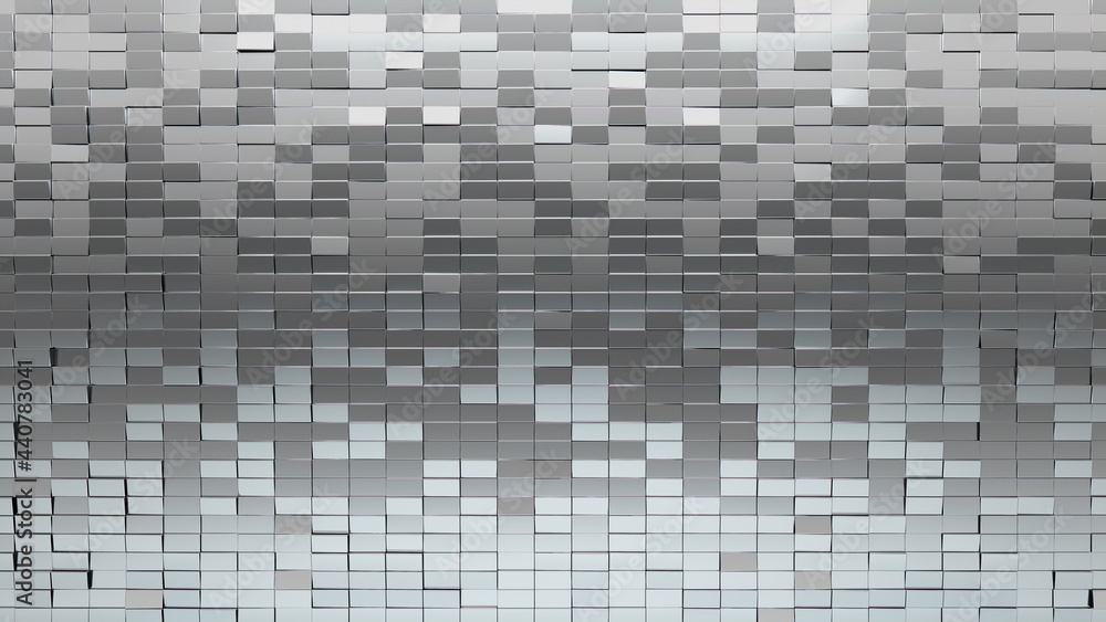Silver Tiles arranged to create a 3D wall. Glossy, Rectangular Background formed from Luxurious blocks. 3D Render Silver Tiles arranged to create a 3D wall. Glossy, Rectangular Background formed from Luxurious blocks. 3D Render