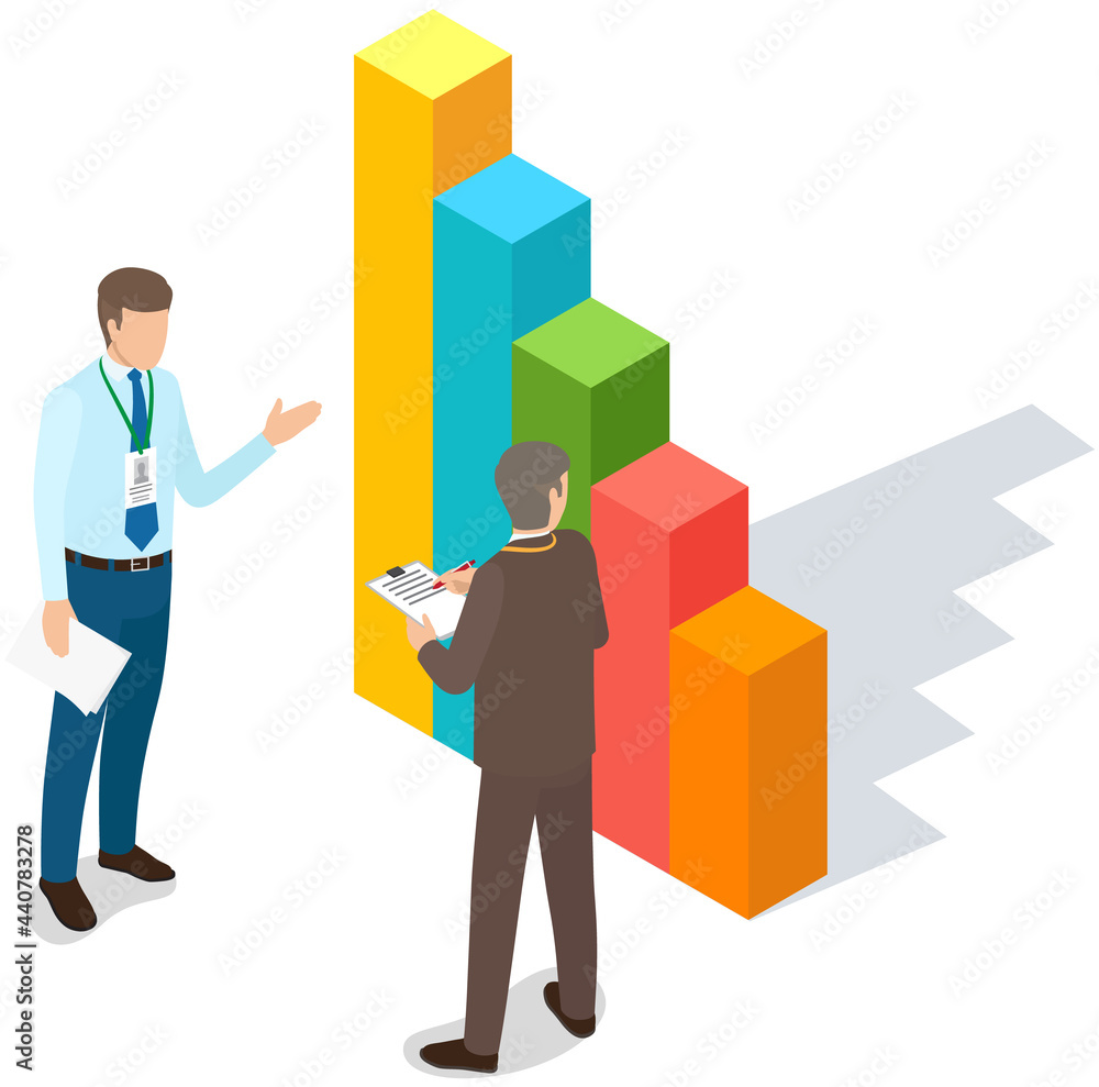 Visualize with business analytics. People work with statistical data analysis, changing indicators. Employees analyze statistical indicators, business data. Characters work with marketing research