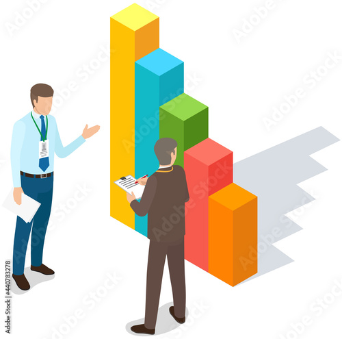 Visualize with business analytics. People work with statistical data analysis, changing indicators. Employees analyze statistical indicators, business data. Characters work with marketing research