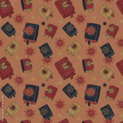 Seamless pattern with hand drawn grimoires with sun on cover. Vintage witch or magic spell books repeat texture. On pink earthy background.