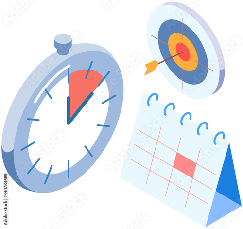 Clock, calendar, target with arrow vector illustration. Time management. deadline, planning. Planning schedule for week, working with time and deadlines. Arrow clock near schedule and target