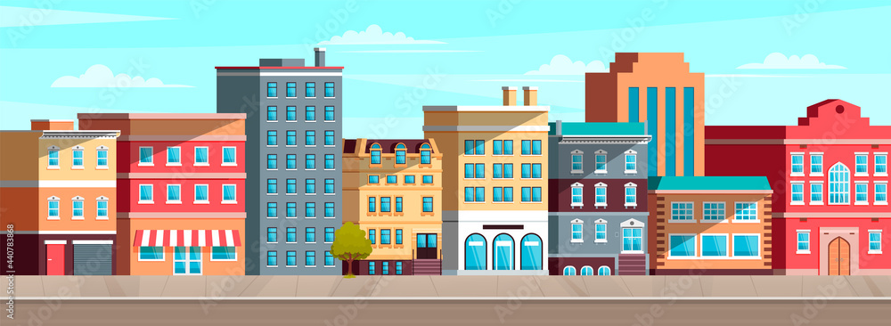 Cityscape with apartment and residential buildings. Exterior of houses on street in city. Roadway, cityscape and architecture vector illustration. Landscape of street of modern city with buildings