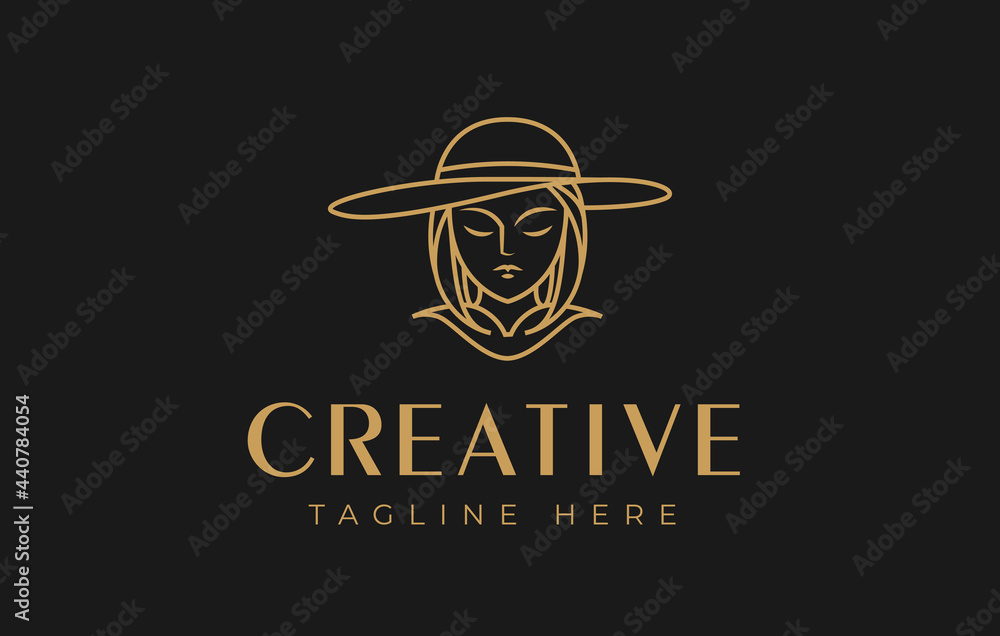 Woman Floppy Hat Logo Design Template. Company, Business Icon Line Art Vector