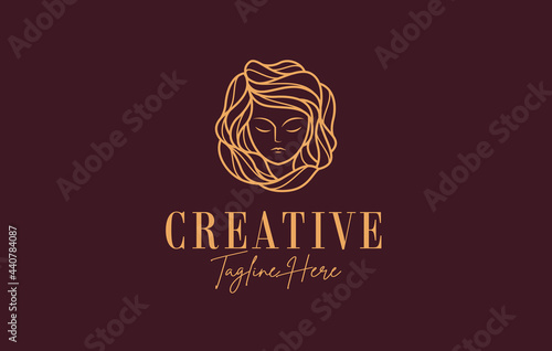 Luxury Beauty Face Woman with Hair Logo Design Template. Company, Business, Hair salon, beauty studio Icon Line Art Vector