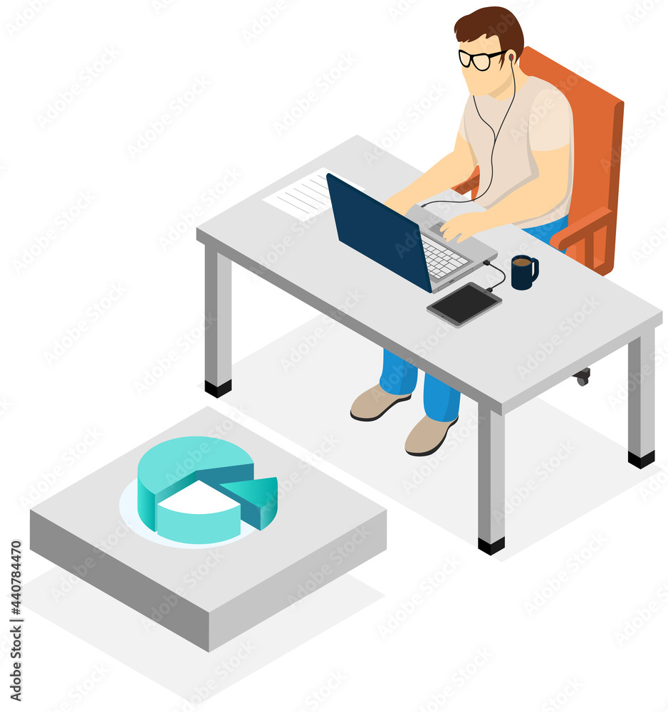 Office worker male character sitting at table with laptop. Businessman or clerk working at his office workplace typing on keyboard. Young man enterpreneur performs work on computer isolated on white Office worker male character sitting at table with laptop. Businessman or clerk working at his office workplace typing on keyboard. Young man enterpreneur performs work on computer isolated on white