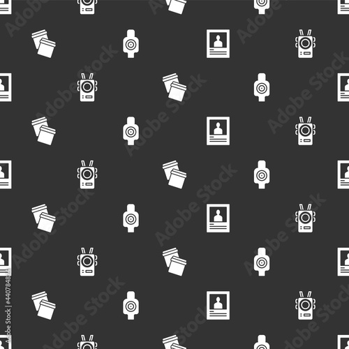 Set Wanted poster, Police body camera, Plastic bag with ziplock and Human target sport for shooting on seamless pattern. Vector