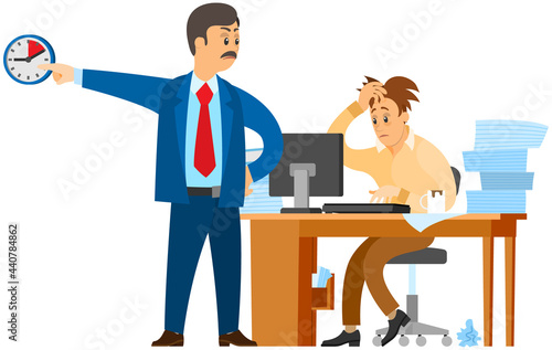 Man working at computer and doing paperwork to finish task. Boss urges employee to complete assignment on time. Angry director with subordinate work to deal with deadline. Business people at workplace
