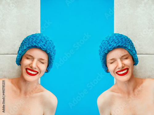 Pattern of portrait of two beautiful women in pool caps laying by the swimming pool. Summer, wellness, recreation, travel concept