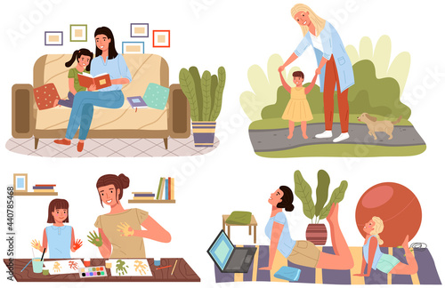 Set of illustrtion about time spent by children and parents. Holidays with mother in nature or at home. Parenting, motherhood concept. Family is engaged in creativity, sports, exercises and education