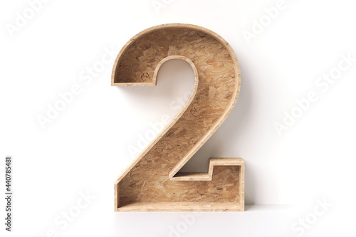 Fototapeta Naklejka Na Ścianę i Meble -  3D wood number 2 made of OSB boards. Recycle conceptual stylish numbers typography. High quality 3D rendering.