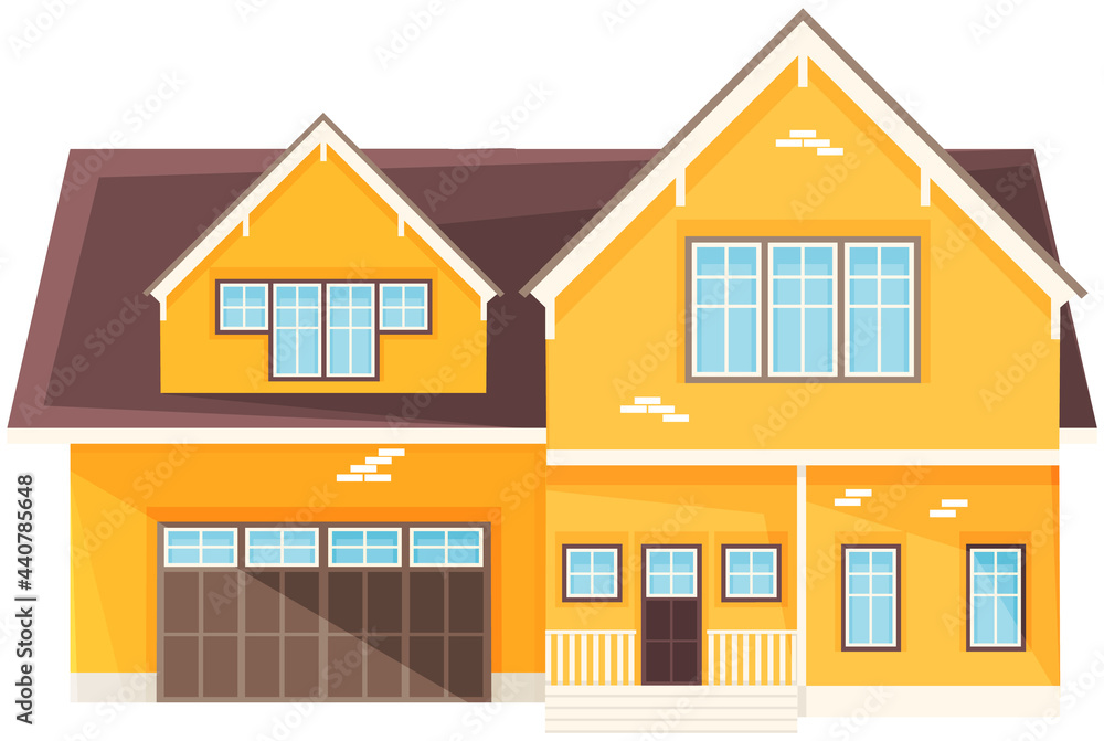 Yellow residential building, house with garage. Architectural structure made of bricks and covered with roof tiles. Large building with windows, fence and decorations. Brick house vector illustration