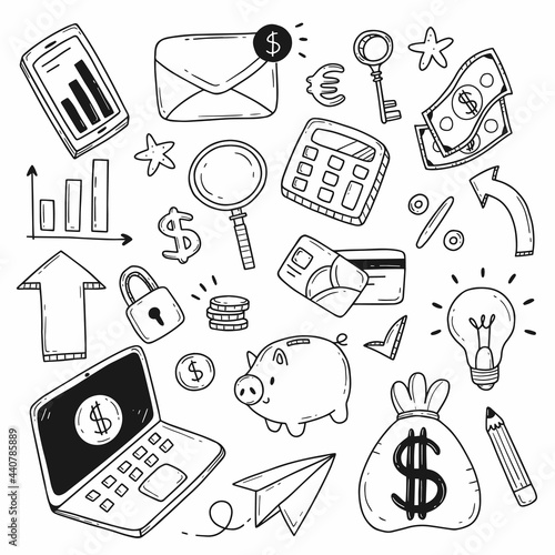 Set of elements on the topic of finance, money, earnings in a flat doodle style. Vector black and white illustration isolated on white background.