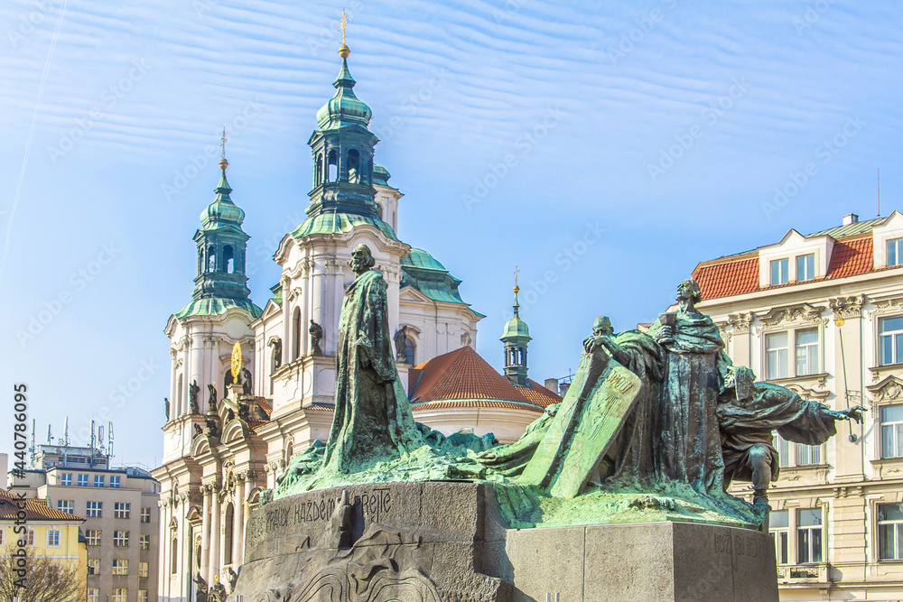 Fototapeta premium Jan Hus Memorial in Old town square in Prague. Memorial unveiled to commemorate 500th anniversary of Jan Hus martyrdom. Prague, Czech Republic.