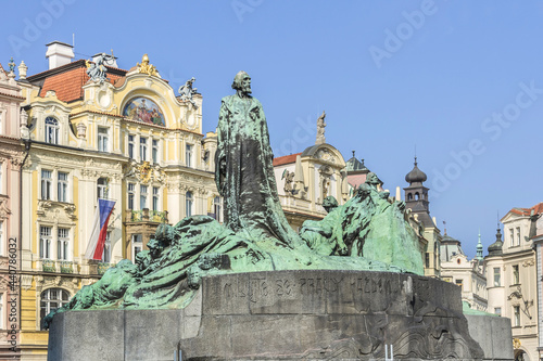 Jan Hus Memorial in Old town square in Prague. Memorial unveiled to commemorate 500th anniversary of Jan Hus martyrdom. Prague, Czech Republic.