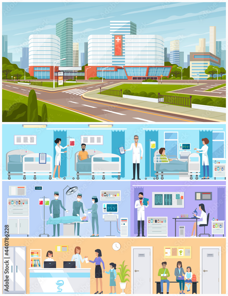 Modern hospital building, healthcare system with all departments. Doctors  and patients in hospital building. Workflow inside urban medical facility.  Surgery, diagnostics and treatment in clinic Stock Vector