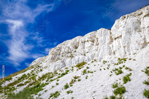 White chalk rocks or mountains or hills in chalk steppe  the Dvorichanskyi National Nature Park reserve in Ukraine  Kharkiv region