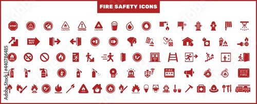 Set of fire safety signs or icons. Set of firefighting icons. Collection of warning signs, danger, alerts, fire icons set.