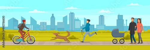 People walking in city park by footpath along green lawn, active lifestyle walks outdoors. Man in helmet rides bicycle. Guy is walking dog on leash. Husband and wife walk along path with stroller