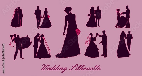 Wedding silhouettes,silhouettes of a groom and a bride.