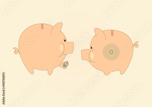 Piggy bank gives a little piglet an acorn. Drawing for printing on baby clothes.