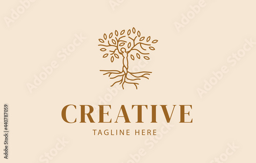 Human Tree Logo Design Template. Woman Tree Icon Line Art Vector