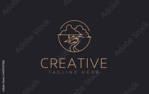 Bonsai Plant Logo Design Template. Japanese Plant Icon Line Art Vector