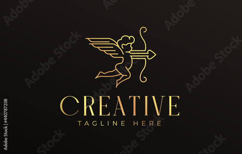 Luxury Cupid Logo Design Template. Angle Cupid Icon Line Art Vector