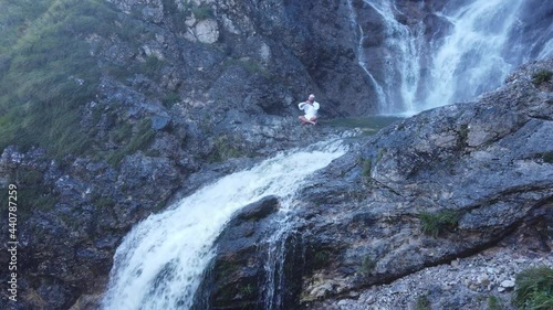 European Shugendo monk in traditional outfit hiking in the Austrian mountains, Austrian, Ötscher