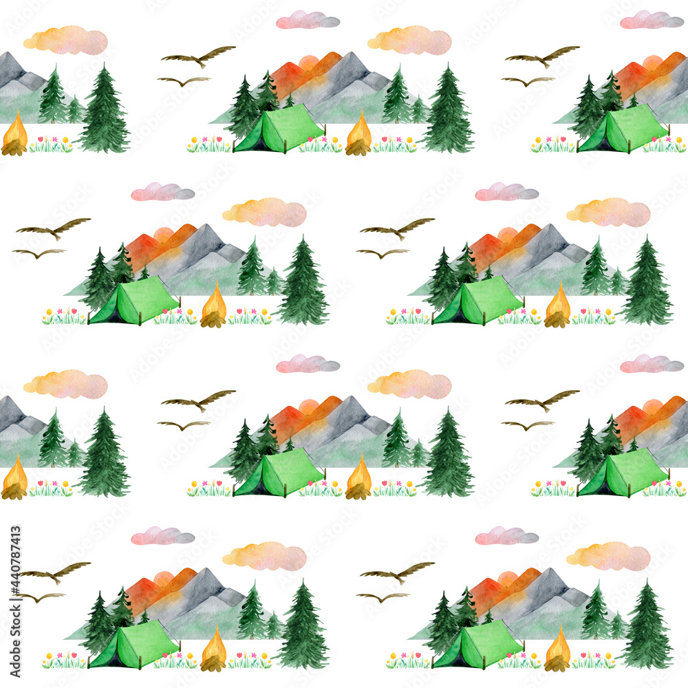 Watercolor camping in the mountains seamless pattern on a white ...