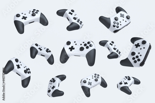 Flying gamer joysticks or gamepads on white background
