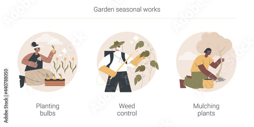 Garden seasonal works abstract concept vector illustration set. Planting bulbs, weed control, mulching plants, flower bed, soil processing, herbicide and pesticide, wood chips abstract metaphor.