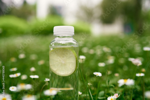 Bottle of water on the green grass among the daisies