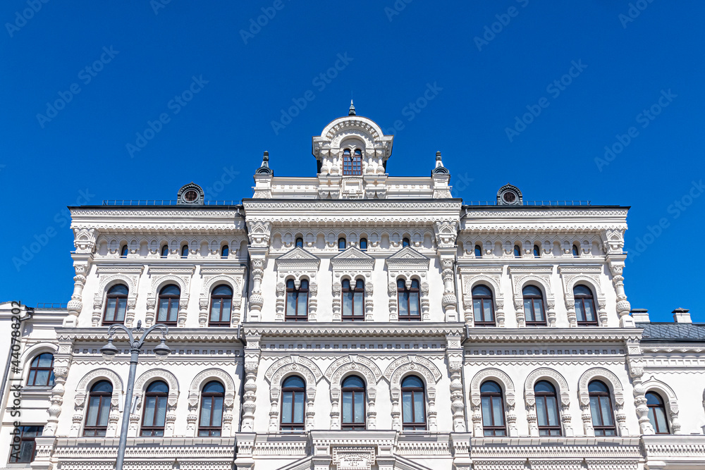 Central part of the Polytechnic Museum in the pseudo-Russian style, against the blue sky
