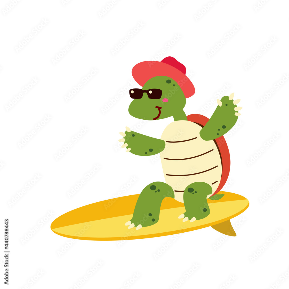 Obraz premium A cute tortoise surfing cartoon character for children scrapbook decorating isolated flat vector illustration. Hello sumretime. Happy vacation on the beach.