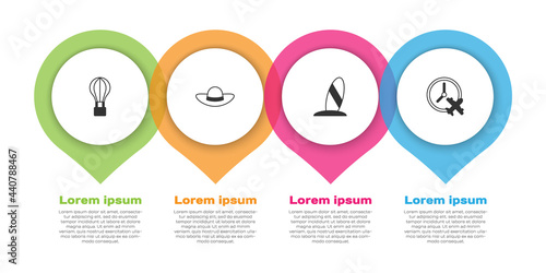 Set Hot air balloon, Elegant women hat, Surfboard and Clock with airplane. Business infographic template. Vector