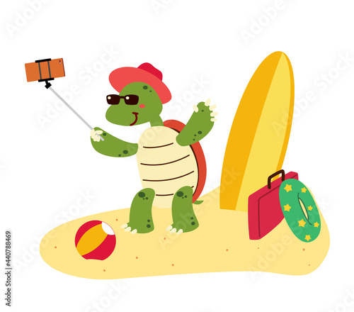 A cute tortoise take a picture on vacation cartoon character isolated flat vector illustration. Hello sumretime. Happy vacation on the beach.