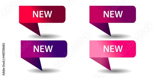 New set of banners, icons. Design of labels, tags, flags from red ribbons. Stickers, shopping tags for sale and business promotion. New collection, discount. Vector illustration.
