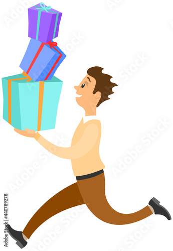 Hurrying running male character isolated on white background. Late on job or holiday, time management and deadline. Man in hurry runs with gift boxes. Joyful guy quickly carries boxes with presents