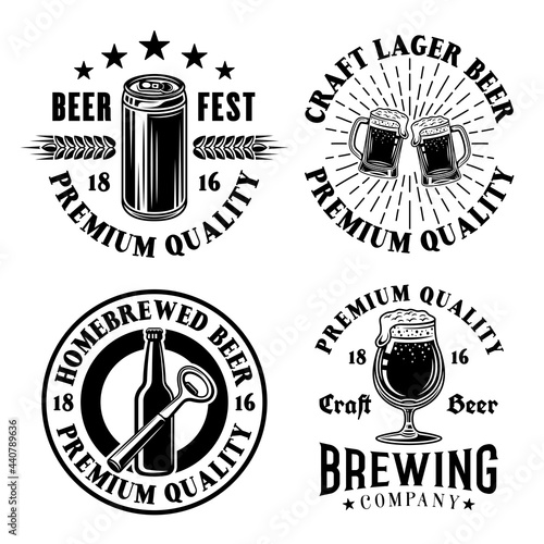 Set of vector beer and brewery emblems, labels, badges or logos in vintage monochrome style isolated on white background