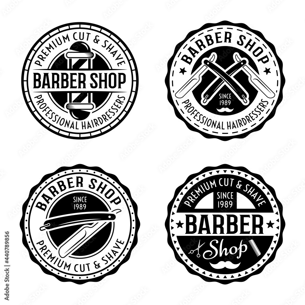 Barber shop set of four vector round badges, emblems, labels or logos in vintage style isolated on white background