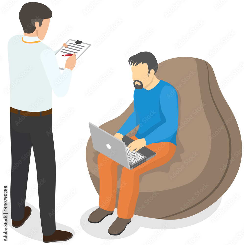Man sitting and typing on laptop. Male boss standing near employee and controlling process of working. Director controls work of subordinate and makes notes. Business team working with computer