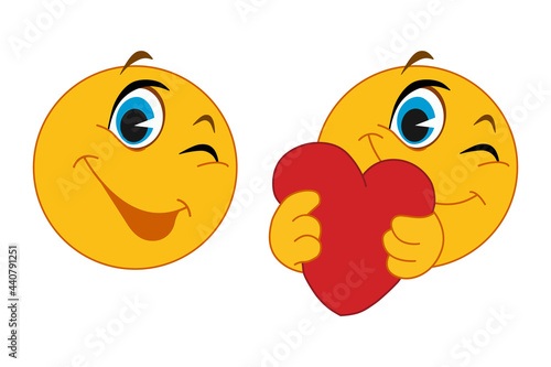 A set of icons . Emoticon for messenger, social networks and the Internet. A smiling winking smiley face and a smiley face holding or giving a heart on a white background. Flat design. Vector illustra