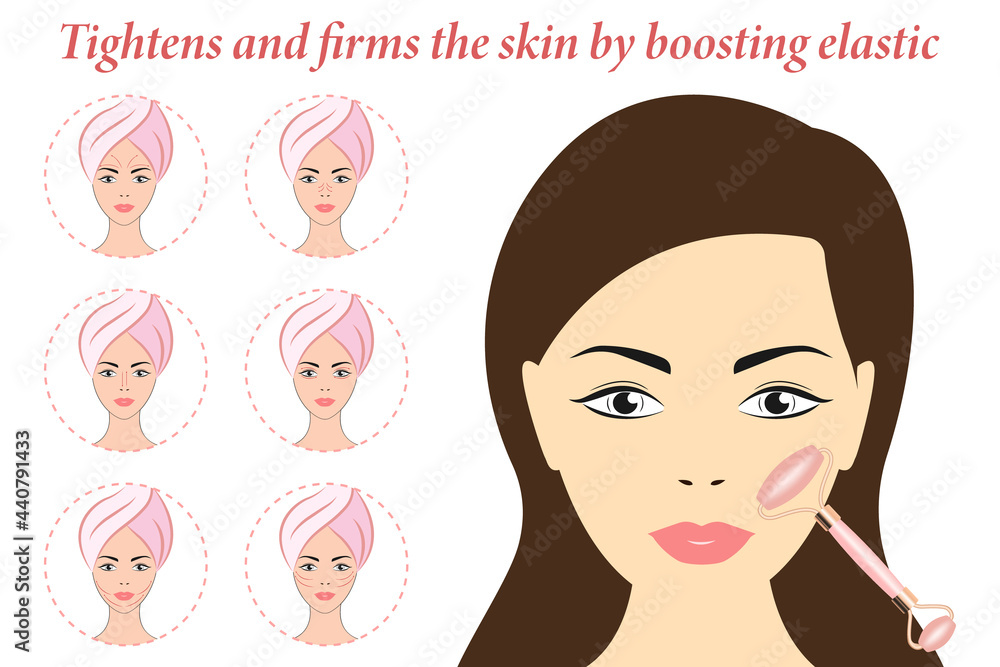 Beauty Girl take care of your face and use the face roller. Facial skin care massage and relaxation concept. Chinese massage with gua sha stones. Facial massage lines, vector illustrations Beauty Girl take care of your face and use the face roller. Facial skin care massage and relaxation concept. Chinese massage with gua sha stones. Facial massage lines, vector illustrations