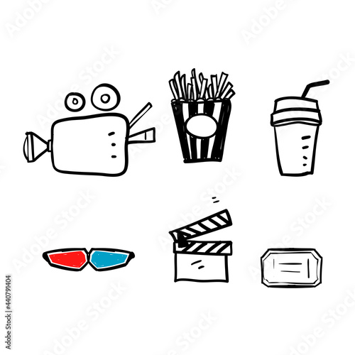 hand drawn doodle Cartoon cinema elements. Movie theater illustration vector