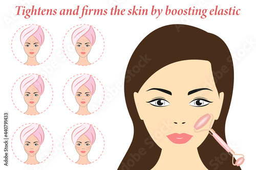 Beauty Girl take care of your face and use the face roller. Facial skin care massage and relaxation concept. Chinese massage with gua sha stones. Facial massage lines, vector illustrations