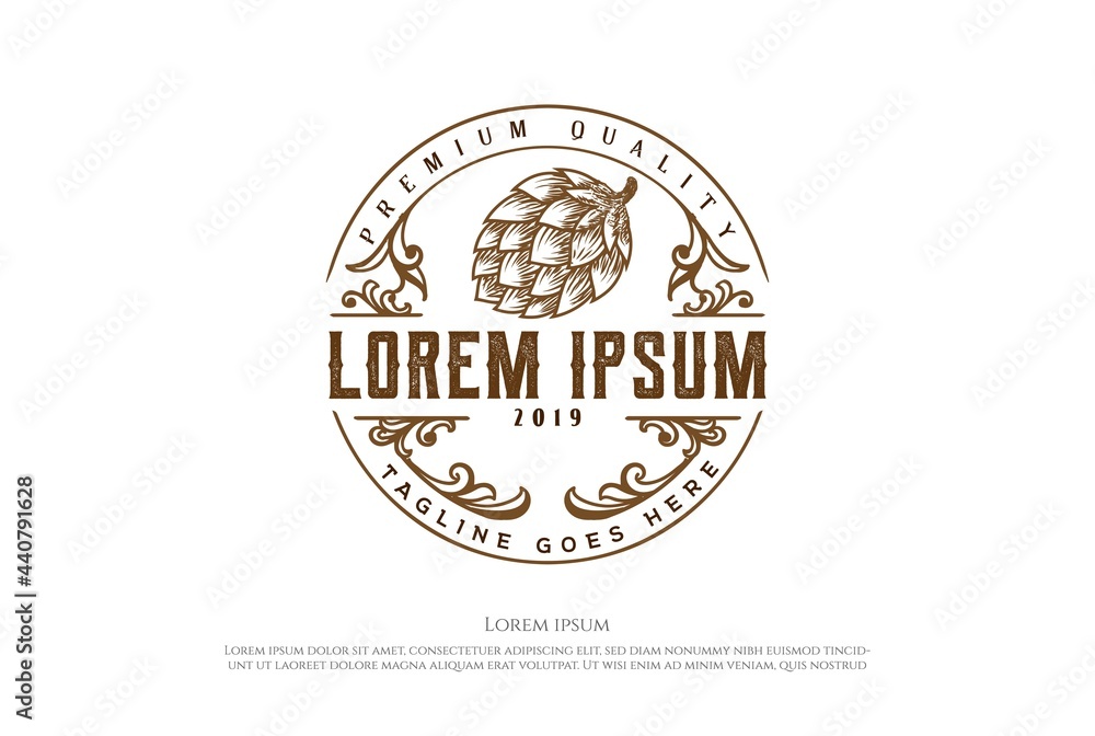 Fototapeta premium Rustic Antique Old Hipster Hop for Craft Beer Brewing Brewery Badge Emblem Label Logo Design Vector